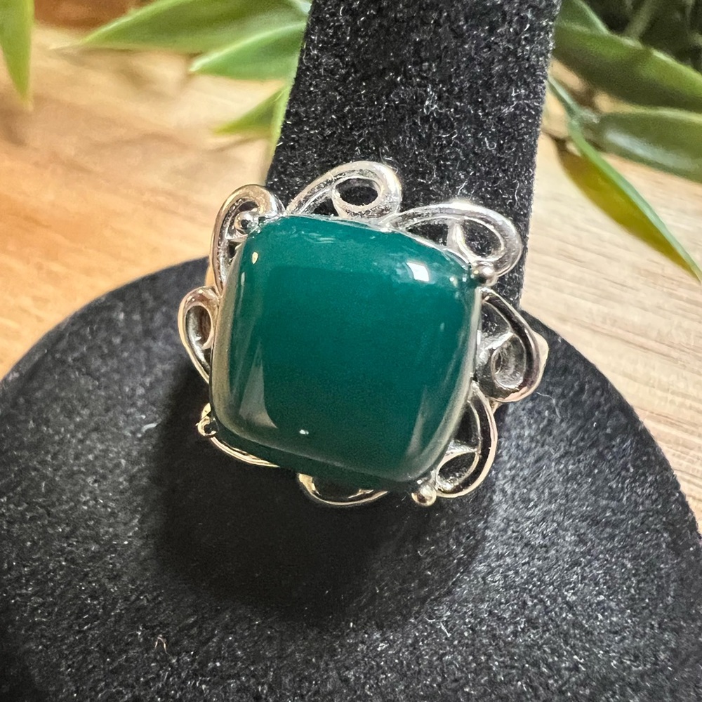 12MM SQUARE CUSHION GREEN ONYX STERLING SILVER SOLITAIRE RING Size :7